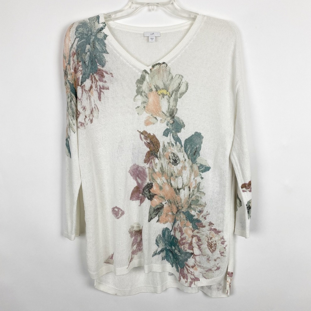 J. Jill Floral Linen Blend V-Neck 3/4 Sleeve Knit Sweater Women Small White